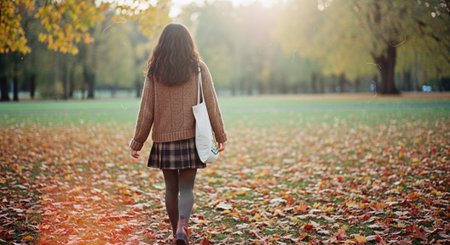 A young woman walking through a park covered in autumn leaves, wearing a cozy sweater and plaid skirt, with a tote bag, during sunsetの素材