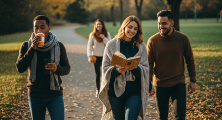 A group of friends walking in a park during autumn, one person reading a book, others enjoying drinks, colorful leaves on the ground, warm and cozy atmosphereの素材