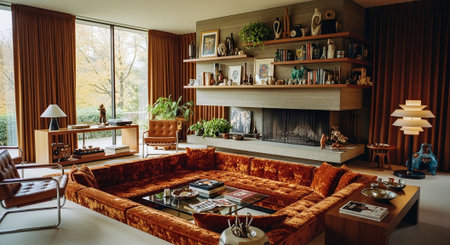 A stylish mid-century modern living room featuring a sunken orange velvet sofa, wooden shelves with decor, a fireplace, and large windows with a view of treesの素材