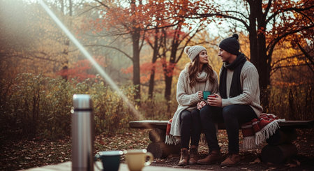 A couple sitting on a bench in a colorful autumn park, wearing cozy sweaters and hats, holding mugs, surrounded by fall foliageの素材
