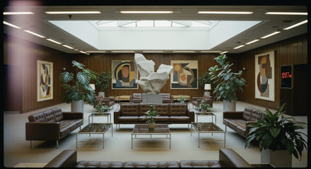 A spacious modern lobby with brown leather sofas, large plants, and abstract art on the walls, featuring a prominent stone sculpture in the centerの素材