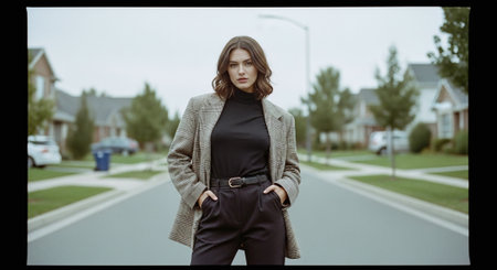 A confident woman in a stylish outfit standing on a suburban street, wearing a blazer and turtleneck, with houses and trees in the backgroundの素材