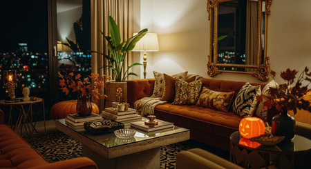 A cozy living room decorated for autumn, featuring a brown sofa, decorative pillows, a coffee table with books, a pumpkin lantern, and city lights visible through the windowの素材