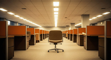 Empty office with rows of cubicles and a single chair in focus.の素材