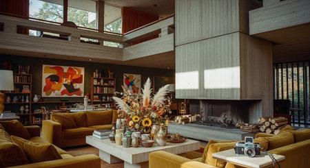 Cozy living room with vintage decor, large fireplace, and art pieces.の素材