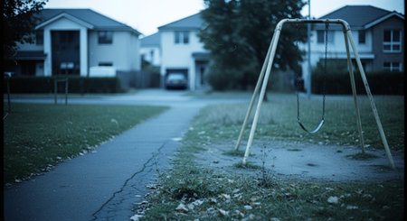 A deserted playground with a swing set in the foreground, suburban houses in the background, a quiet street, and overcast skyの素材