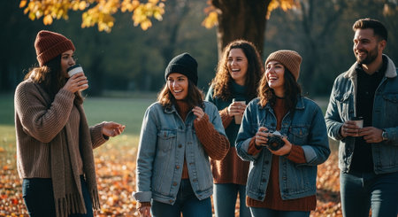 A group of friends enjoying a sunny autumn day in a park, wearing cozy sweaters and hats, laughing and holding coffee cups, surrounded by colorful fall foliageの素材