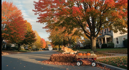 A golden retriever sitting on a pile of autumn leaves in a wagon, surrounded by pumpkins, with colorful fall trees lining a suburban streetの素材