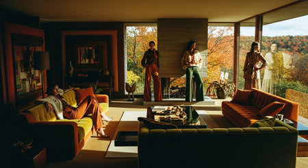 A stylish retro living room with four women dressed in vintage clothing, two standing by a large window overlooking autumn foliage, one lounging on a sofa, and another near a fireplaceの素材