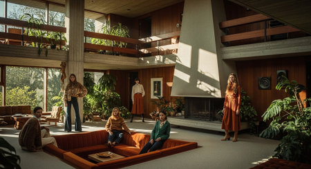 A stylish mid-century modern interior with five women posing, surrounded by plants and natural light, featuring a central sunken seating area and a fireplaceの素材
