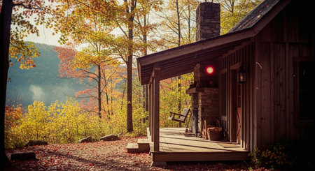 A cozy cabin in the woods during autumn, surrounded by colorful fall foliage, with a stone chimney and a porch swingの素材