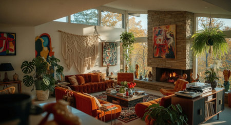A cozy living room with large windows, featuring a stone fireplace, colorful artwork, and a mix of plants and decorative itemsの素材