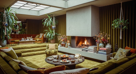 A cozy living room with a modern fireplace, surrounded by plants and comfortable seating, featuring a coffee table with snacks and a warm atmosphereの素材