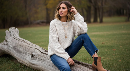 A woman sitting on a log in a park, wearing a cozy sweater and jeans, with a natural background of trees and grassの素材