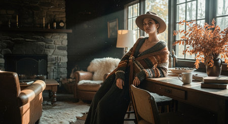 A woman in a cozy sweater and hat, leaning against a wooden table in a rustic living room with stone walls, warm lighting, and autumn decorの素材
