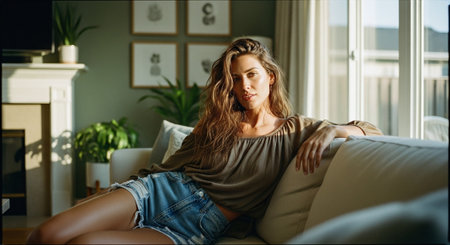 A young woman with long hair lounging on a sofa in a bright living room, wearing a casual outfit, sunlight streaming through the windowsの素材