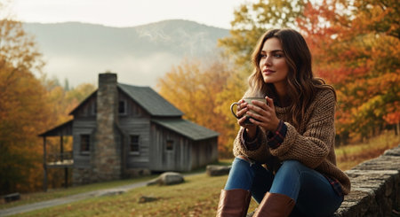 A woman sitting on a stone wall, holding a cup of coffee, wearing a cozy sweater, surrounded by autumn foliage and a rustic cabin in the backgroundの素材