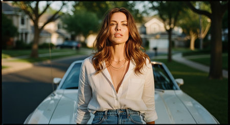 A woman standing confidently in front of a vintage car on a suburban street, wearing a white shirt and high-waisted jeans, with a soft focus on the backgroundの素材