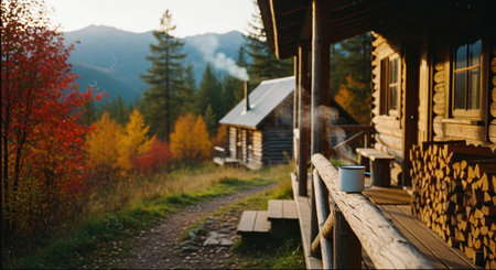 A cozy cabin in the woods during autumn, with colorful foliage and a steaming mug on the porchの素材