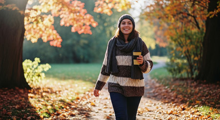 A woman walking in an autumn park, wearing a cozy sweater and scarf, holding a coffee cup, surrounded by colorful fall foliageの素材
