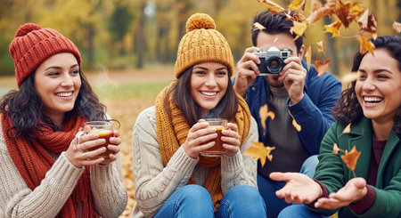 Group of friends enjoying autumn outdoors, wearing cozy sweaters and hats, drinking hot beverages, and capturing moments with a camera.の素材