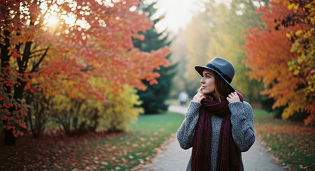 A woman wearing a hat and scarf walking in a park during autumn, surrounded by colorful fall foliageの素材