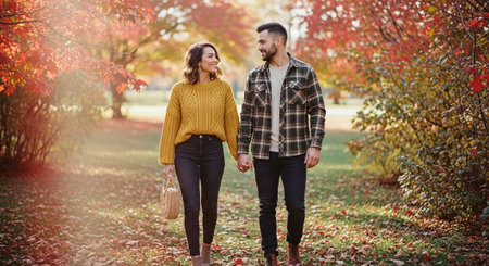 A couple walking hand in hand through a colorful autumn park, surrounded by vibrant red and orange leaves, wearing cozy sweaters and casual outfitsの素材