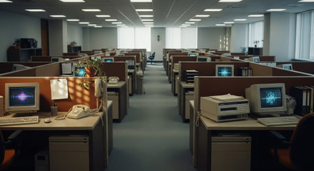 An empty office space with cubicles, old computers, and a few plants, showcasing a quiet and organized work environmentの素材