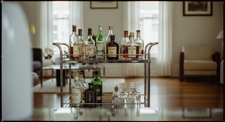 A stylish bar cart with various bottles of liquor and glassware, set in a modern living room with bright natural lightの素材