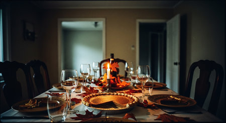 A beautifully set dining table for a fall celebration, featuring a pumpkin pie, wine glasses, and autumn leaves scattered across the tableの素材