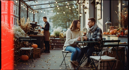 A cozy outdoor cafe scene in autumn, featuring a couple sitting at a table, enjoying drinks, surrounded by pumpkins and fall decorations, with a barista in the backgroundの素材