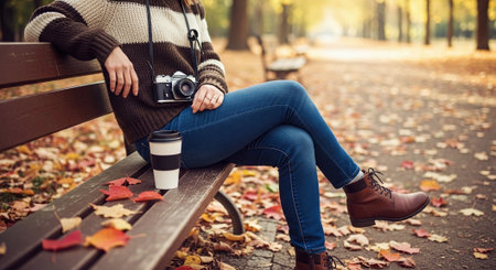 A person sitting on a park bench in autumn, wearing a cozy sweater and jeans, holding a camera and a coffee cup, surrounded by fallen leavesの素材
