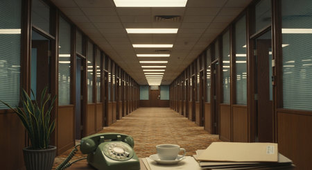 A long office hallway with glass-paneled cubicles, a vintage green telephone, a cup of coffee, and stacked folders on a desk in the foregroundの素材