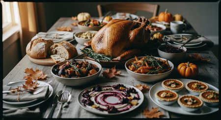 A beautifully arranged thanksgiving feast featuring a roasted turkey, various side dishes, bread, and desserts on a rustic wooden tableの素材