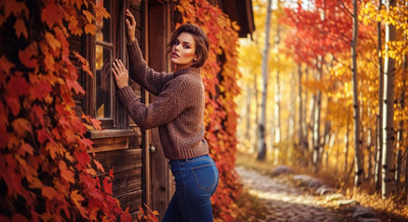 A woman in a cozy sweater poses by a rustic wooden cabin surrounded by vibrant autumn foliageの素材