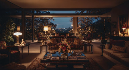 A cozy living room with elegant furniture, a large coffee table adorned with flowers, and a view of the city at night through large windowsの素材