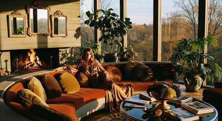 A woman in a brown dress sitting on a curved sofa in a stylish living room with large windows, a fireplace, and plantsの素材
