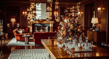 A luxurious living room with a wooden interior, featuring a large floral arrangement on a dining table, a cozy fireplace, and elegant furnitureの素材