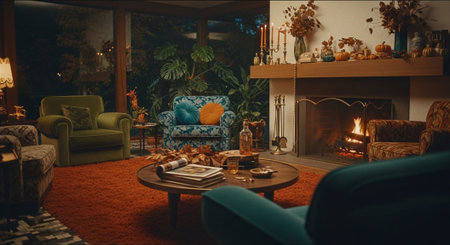 A cozy living room with a fireplace, featuring colorful armchairs, a round coffee table, and autumn decorations like leaves and pumpkinsの素材