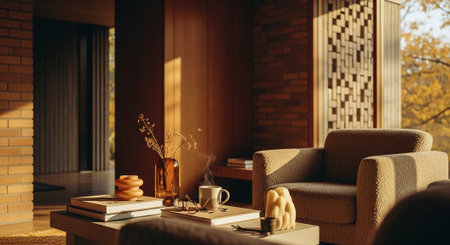 A cozy living room with warm lighting, featuring a comfortable armchair, a coffee table with books, a decorative vase with dried flowers, and a steaming cup of coffeeの素材