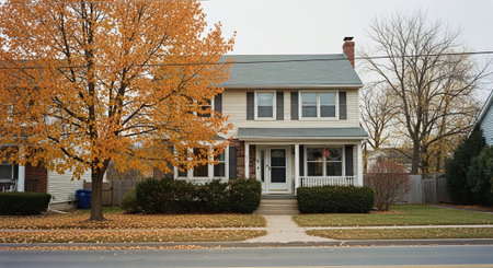 A two-story house with a front porch, surrounded by autumn foliage and a tree with orange leavesの素材