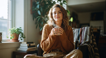 A woman sitting comfortably in a cozy living room, holding a steaming cup, wearing a knitted sweater, with plants and books in the backgroundの素材