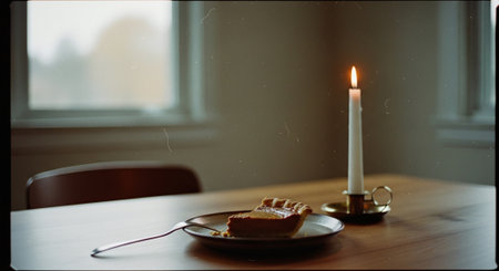 A slice of pie on a plate next to a lit candle on a wooden table, with soft natural light coming through windowsの素材
