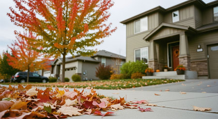 A suburban house with a well-maintained lawn, surrounded by vibrant autumn foliage. Colorful leaves cover the sidewalk, creating a picturesque fall scene.の素材