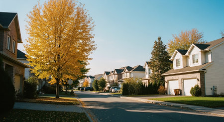 A peaceful suburban street lined with houses, featuring a large yellow tree in autumn, clear blue sky, and fallen leaves on the groundの素材