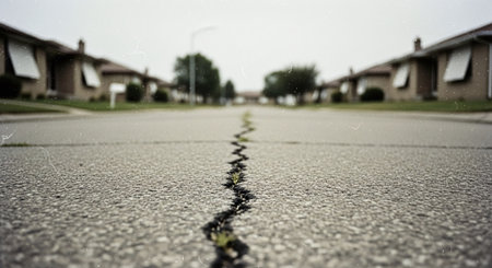 A cracked asphalt road in a suburban neighborhood, with houses lining the street and overcast skyの素材