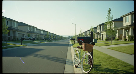 A quiet suburban street lined with houses, a bicycle parked next to a mailbox, green grass and trees in the background, clear blue skyの素材