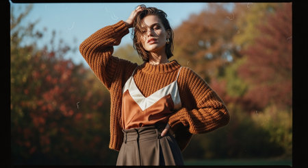 A young woman posing outdoors in a stylish outfit, featuring a knitted sweater and a satin top, surrounded by autumn foliageの素材