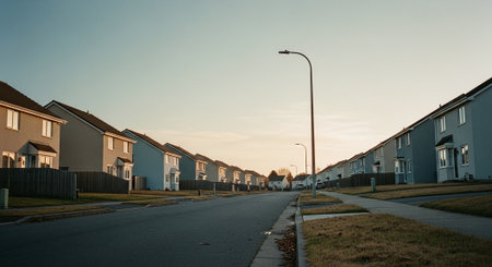 row of houses in a row in a row with a street lightの素材