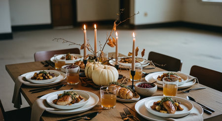 Table setting for Thanksgiving dinner with pumpkins, cornucopia and candlesの素材